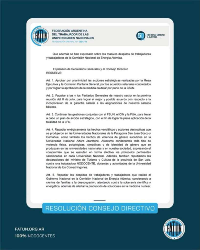 FATUN ratificó que irá por la recomposición total de los salarios y el cumplimiento pleno de la Ley de Financiamiento Universitario