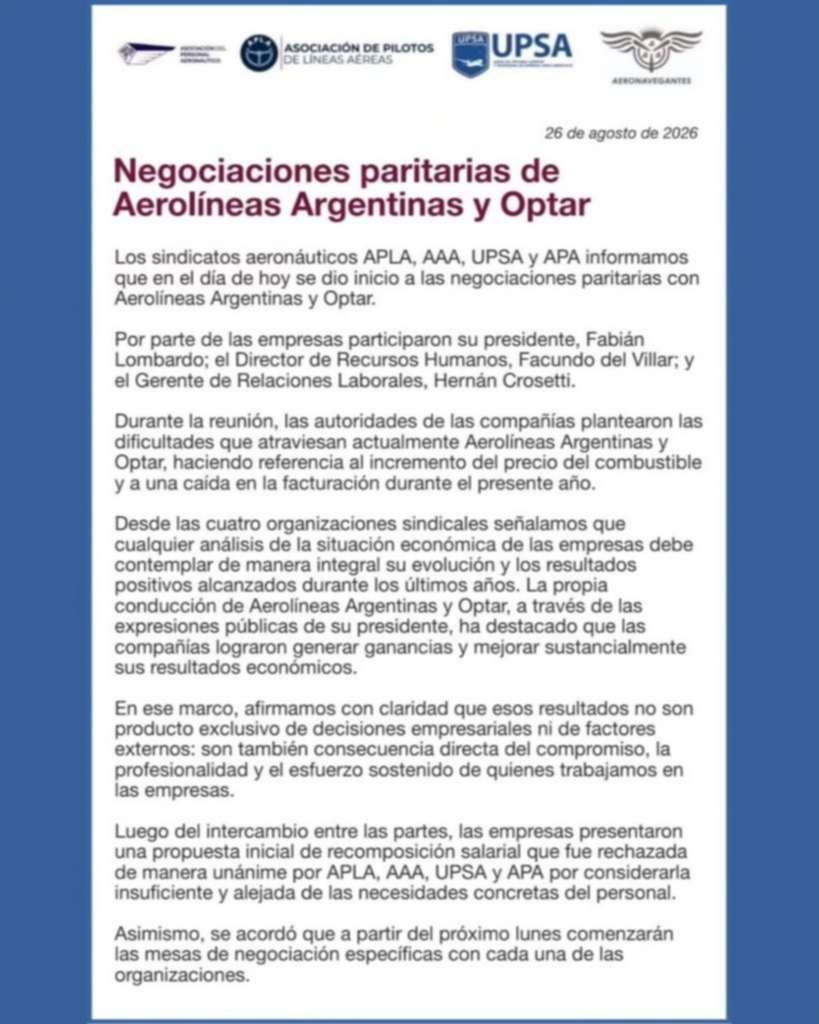 Gremios aeronáuticos rechazan oferta salarial de Aerolíneas Argentinas por “alejada de las necesidades” 
