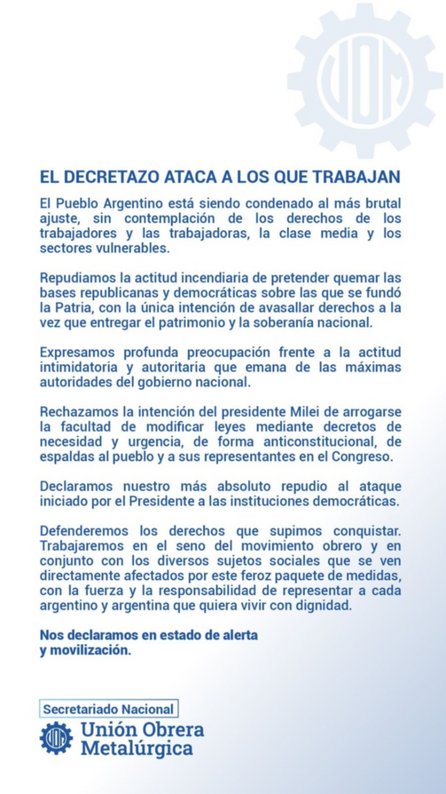 Mega DNU: la UOM se declaró en “estado de alerta y movilización” Mega DNU: la UOM se declaró en “estado de alerta y movilización”